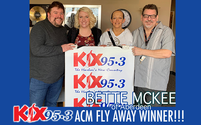 Congratulations Kix 95.3 ACM Flyaway Winner Bette McKee of Aberdeen!